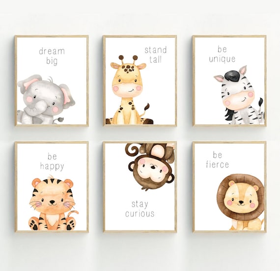 Safari Animals Nursery Six Piece Cute Jungle Quote Baby Room Art Wall Print