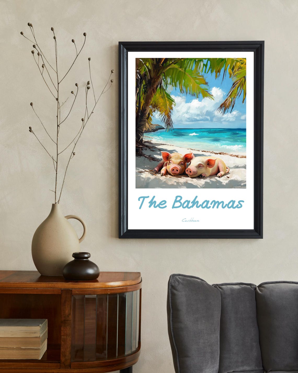 Tropical Pig Beach Bahamas Travel Poster, Exuma - Image 2