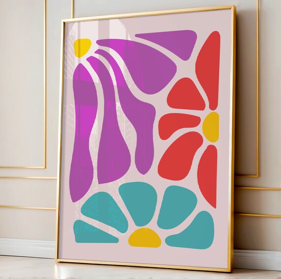 Purple Red and Teal Abstract Floral Shapes Retro Modern Art Print
