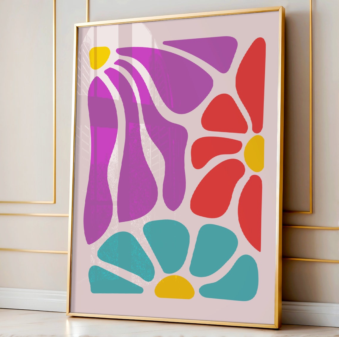 Purple Red and Teal Abstract Floral Shapes Retro Modern Art Print