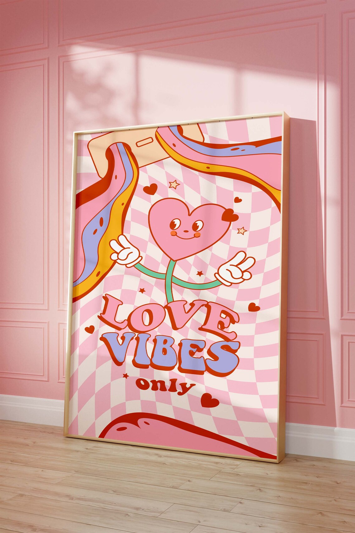 Love Vibes Only Retro Pink Heart Mascot Groovy Checkerboard Wall Art