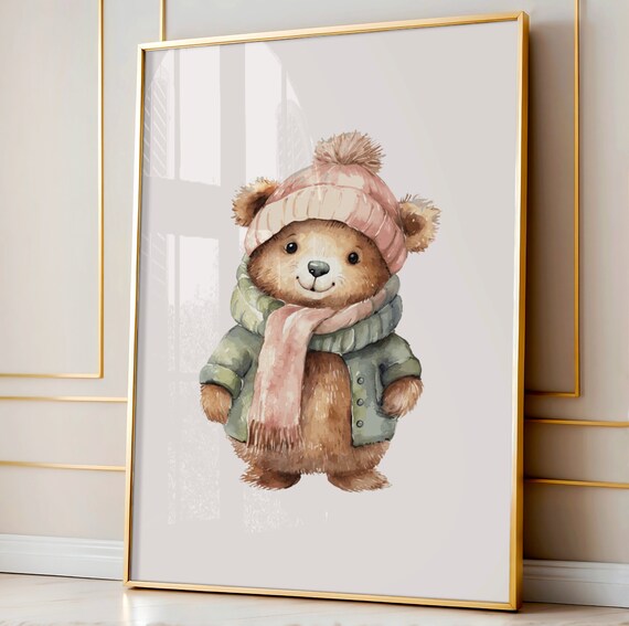 Baby Bear Winter Hat Scarf Watercolor Nursery Wall Decor Print