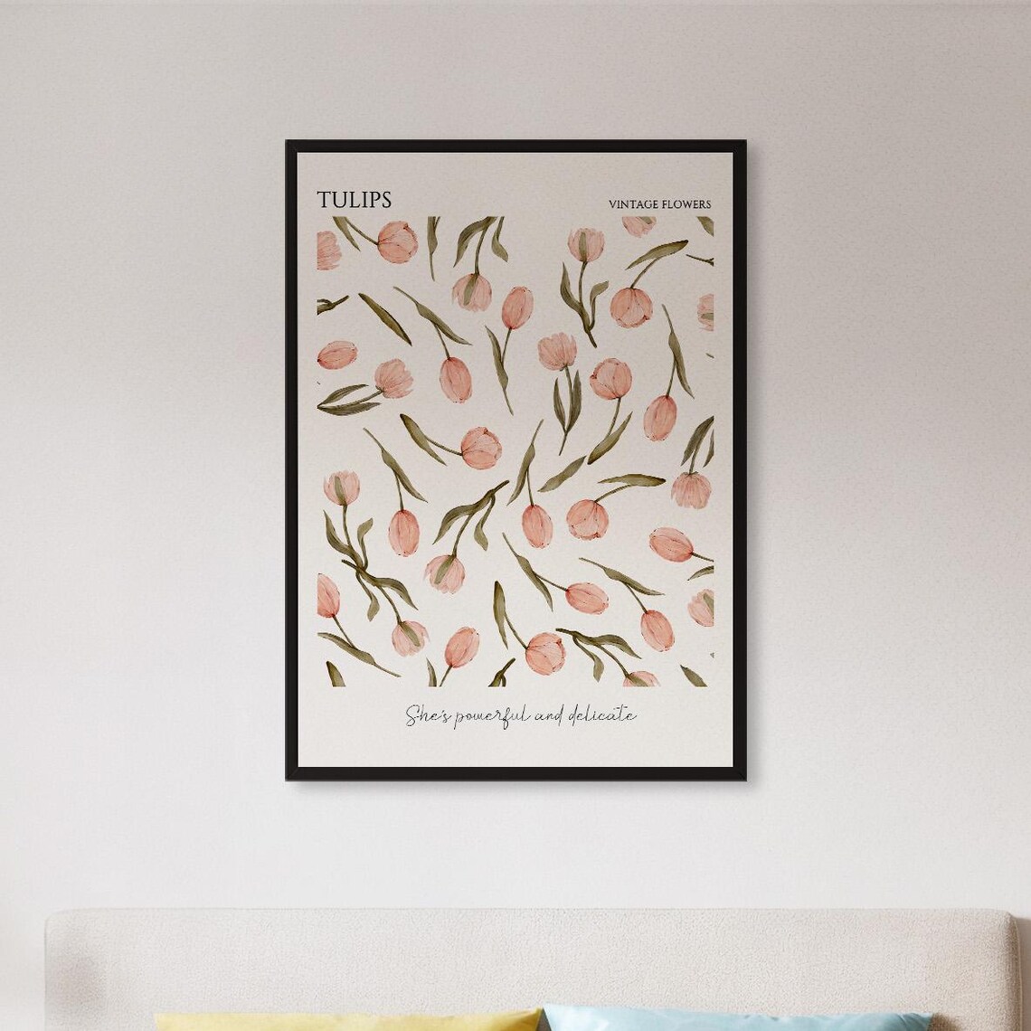 Pink Tulips Vintage Flowers Poster with She's Powerful Delicate Quote