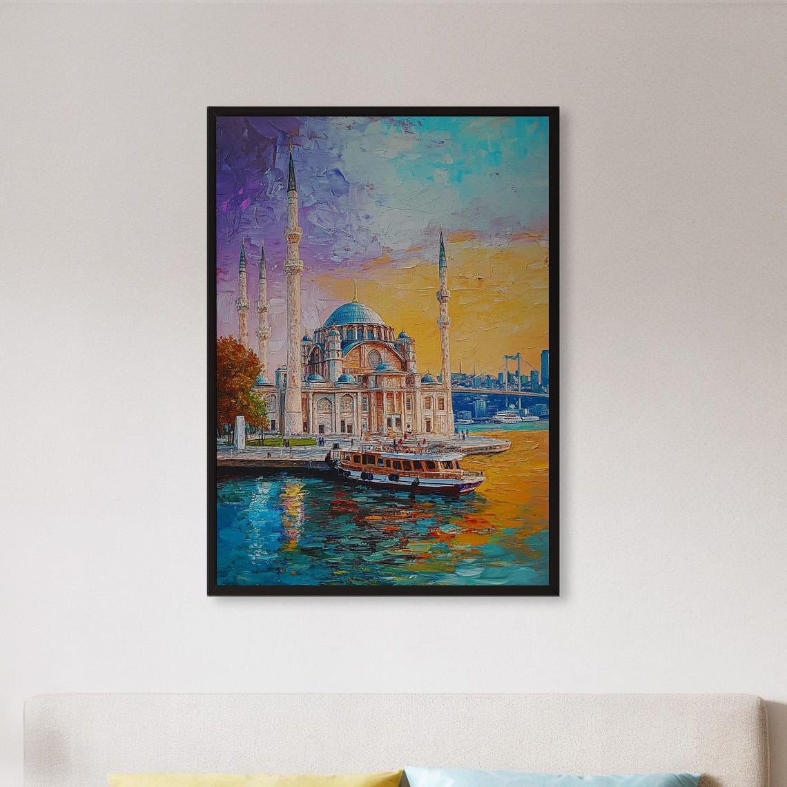 Istanbul Waterfront Mosque Sunset Boats Colorful Oil Painting Poster