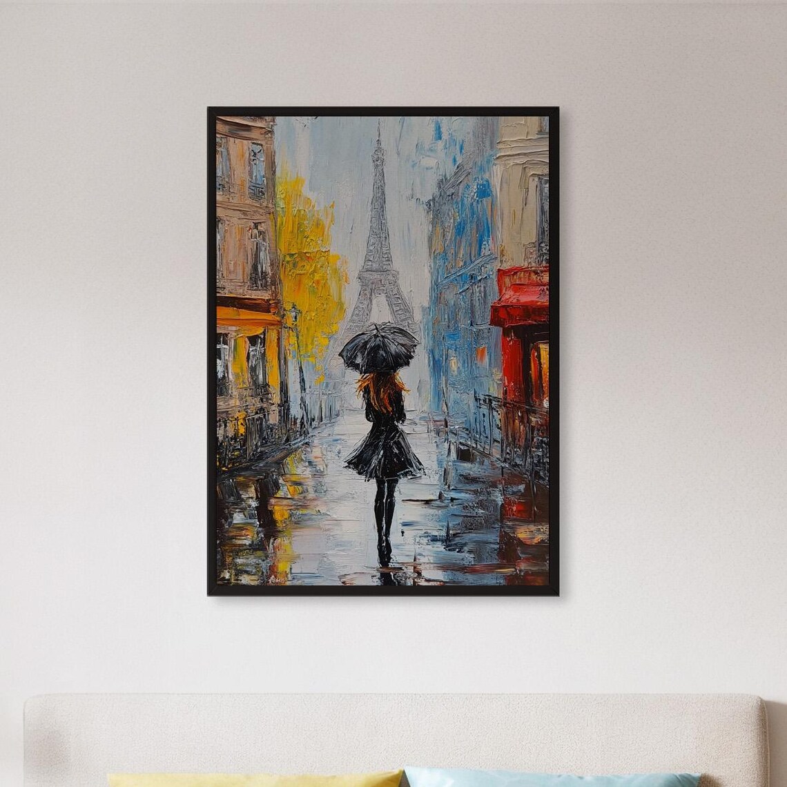 Paris Rainy Street Eiffel Tower Umbrella Woman Oil Painting Poster