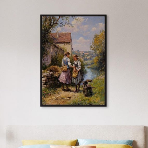 Framed Vintage Country Scene Wall Art Print Rustic Girls At River Poster European Pastoral Decor Gift For Her Or Classic Nostalgic Home