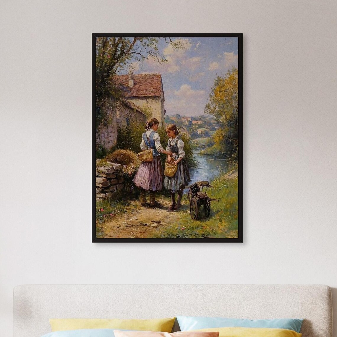 Two Girls With Baskets Riverside Vintage Pastoral Oil Art Poster