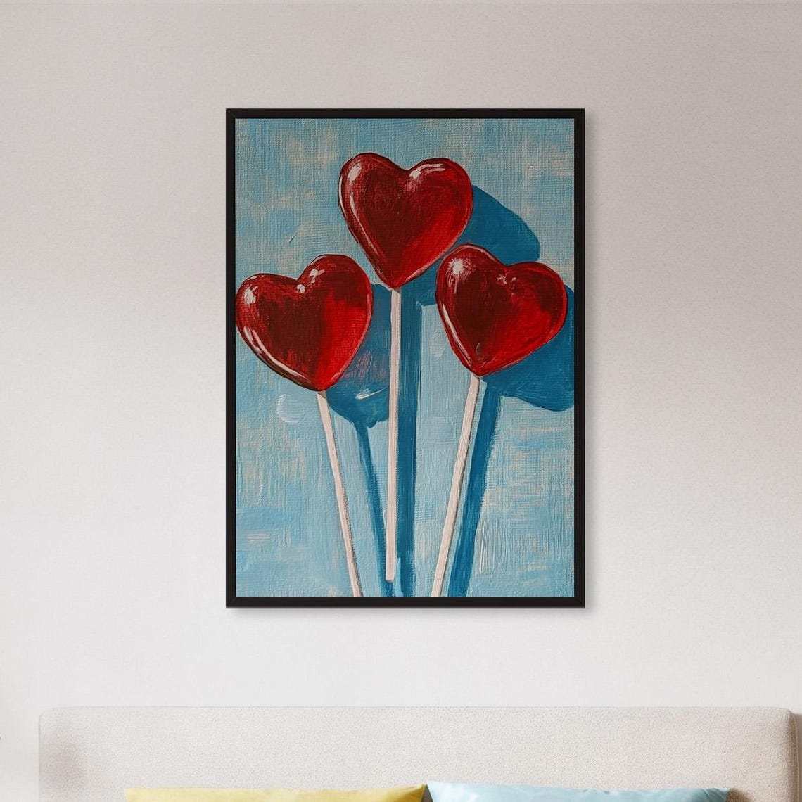 Three Red Heart Lollipops Candy Pop Art Blue Background Poster