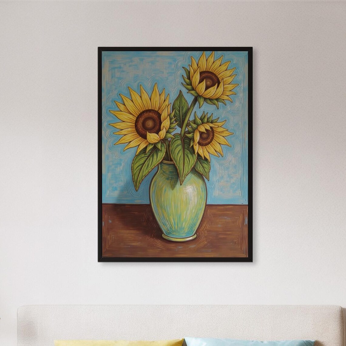 Bright Sunflowers In Green Vase Cheerful Floral Still Life Poster