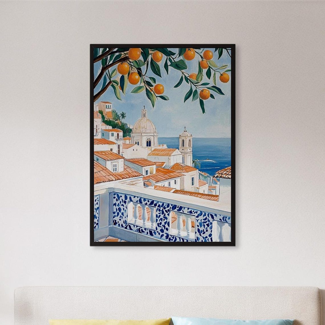 Sunny Mediterranean Balcony View Orange Trees Coastal Town Poster
