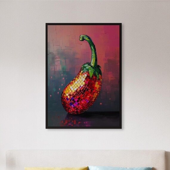 Framed Disco Eggplant Wall Art Print Funky Poster With Glitter Shine And Pop Humor Bold Gift For Kitchen Bar Or Party Room Decor