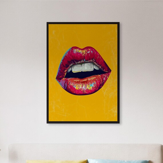 Framed Lips Pop Art Wall Print Bold Yellow Background With Glossy Red Mouth Modern Graphic Poster Gift For Fashion Lovers Or Spaces