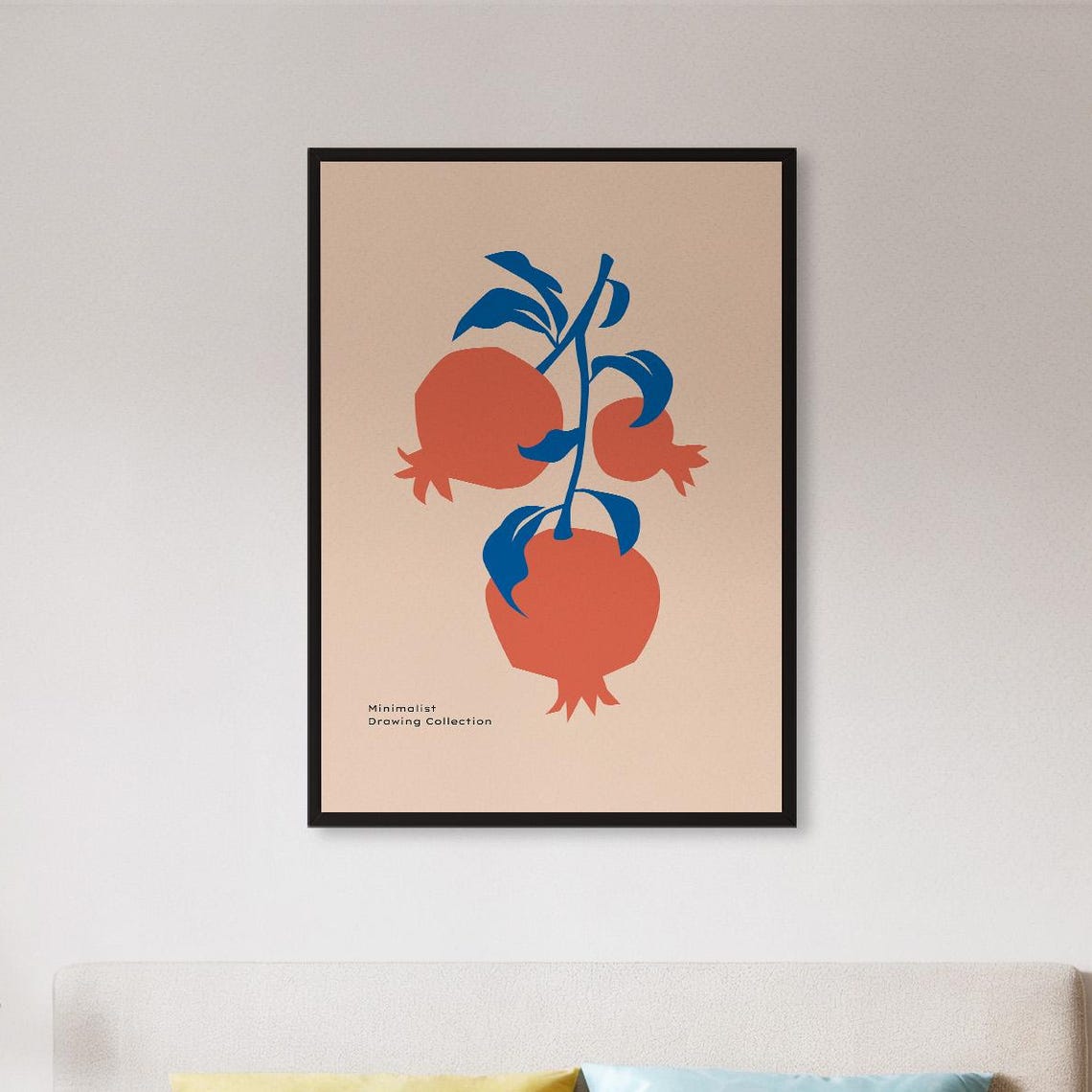 Minimalist Red Pomegranate Branch Blue Leaves Beige Background Poster