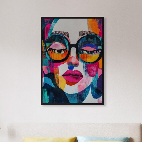 Framed Colorful Glasses Woman Wall Art Print Bold Abstract Female Portrait Poster Pop Style Decor Gift For Modern Home Or Studio