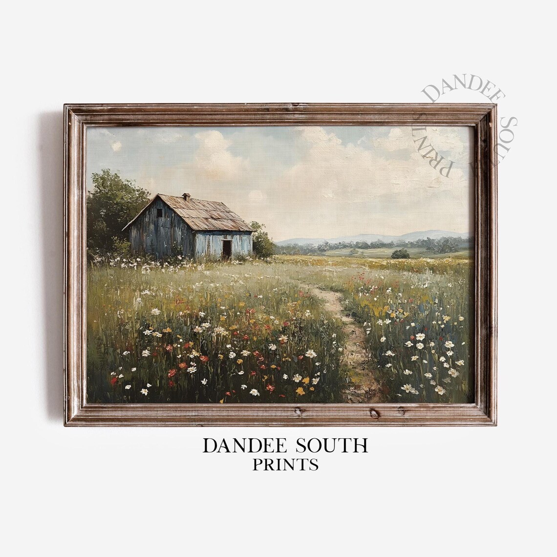 Rustic Blue Barn in Wildflower Meadow Vintage Farm Painting Poster