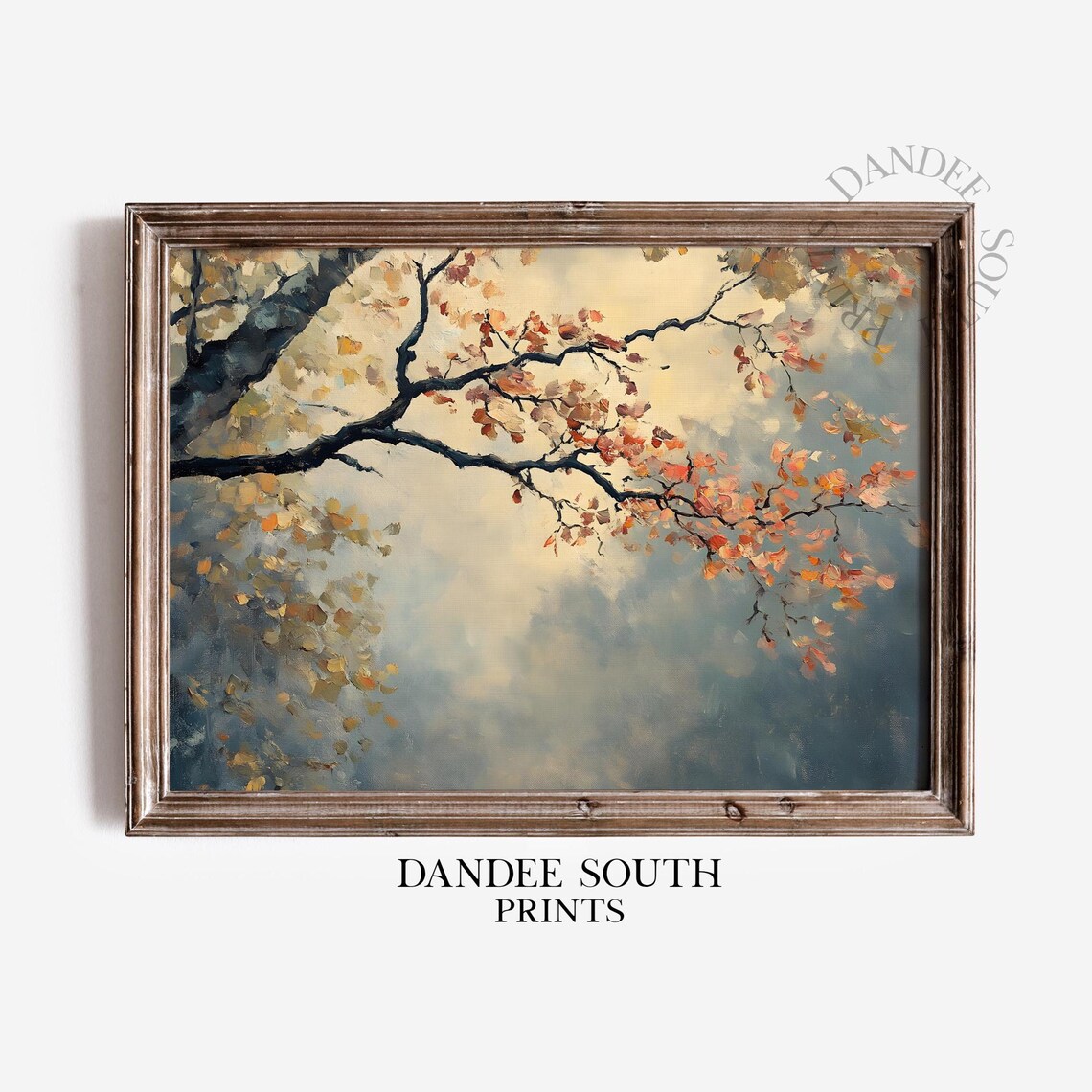 Autumn Tree Branch with Golden Leaves Misty Vintage Painting Poster