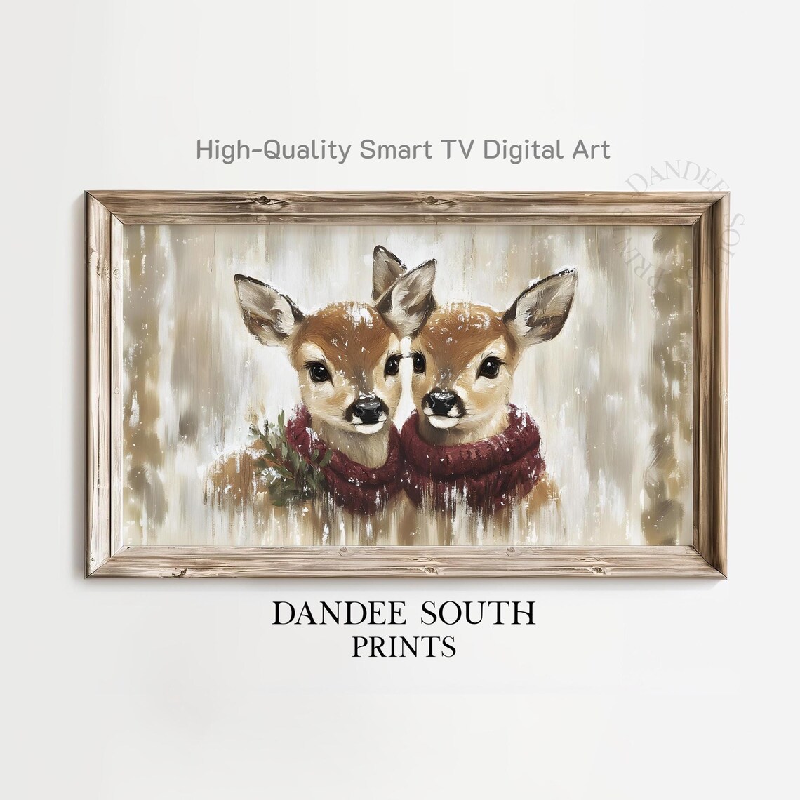 Christmas Fawns In Falling Snow Red Scarves Winter Holiday Wall Art