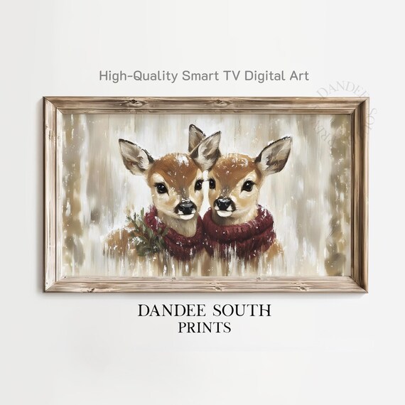 Christmas Fawns In Falling Snow Red Scarves Winter Holiday Wall Art