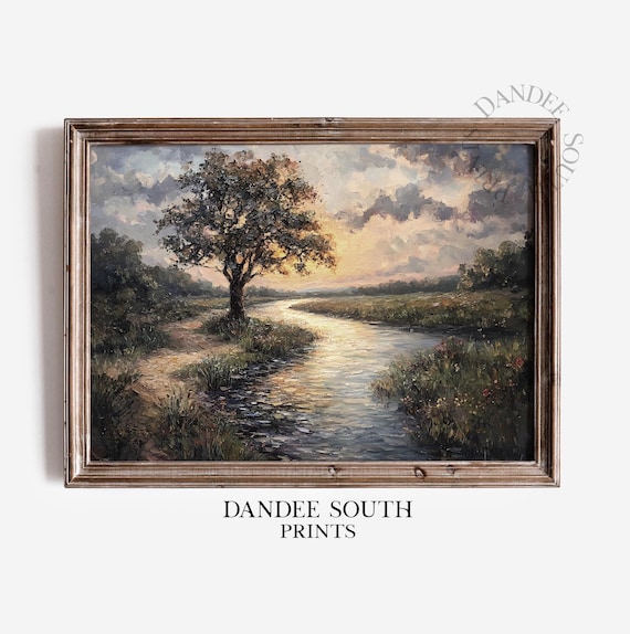 Wall Art Vintage River Landscape Painting Rural Countryside Living Room Moody 294