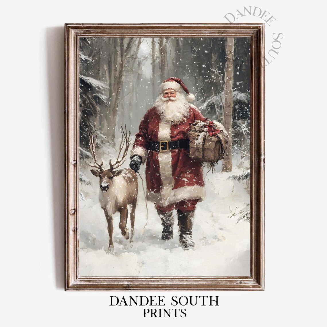 Santa Claus with Reindeer Snowy Birch Forest Vintage Painting Poster