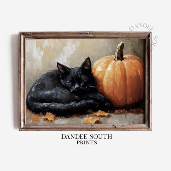 Halloween Cat Wall Art Black And Pumpkin Still Life Print Autumn Fall Home Decor 599