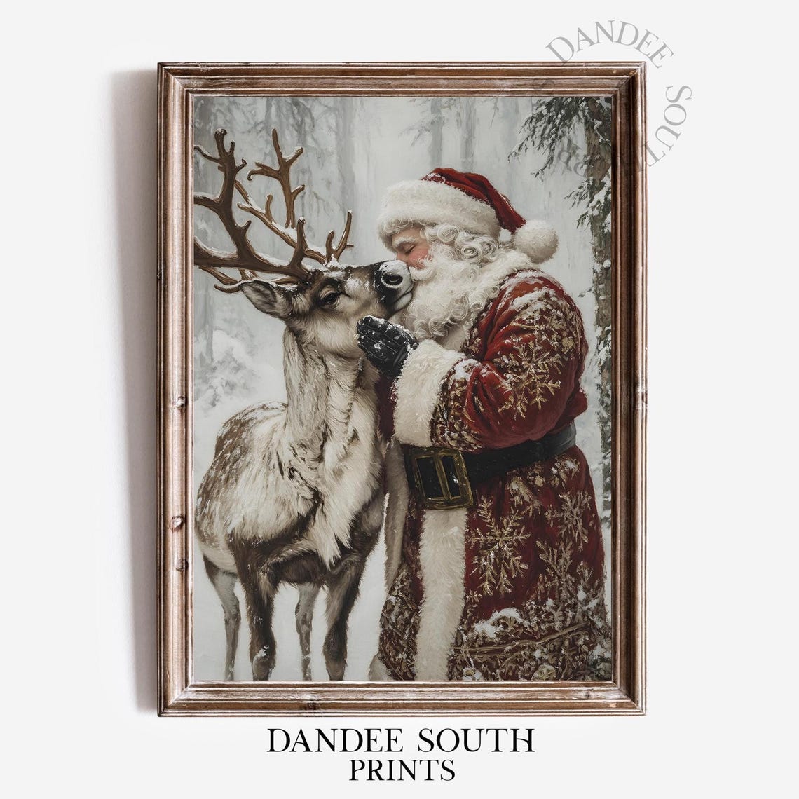 Santa Claus Nuzzling Reindeer Snowy Forest Vintage Christmas Print