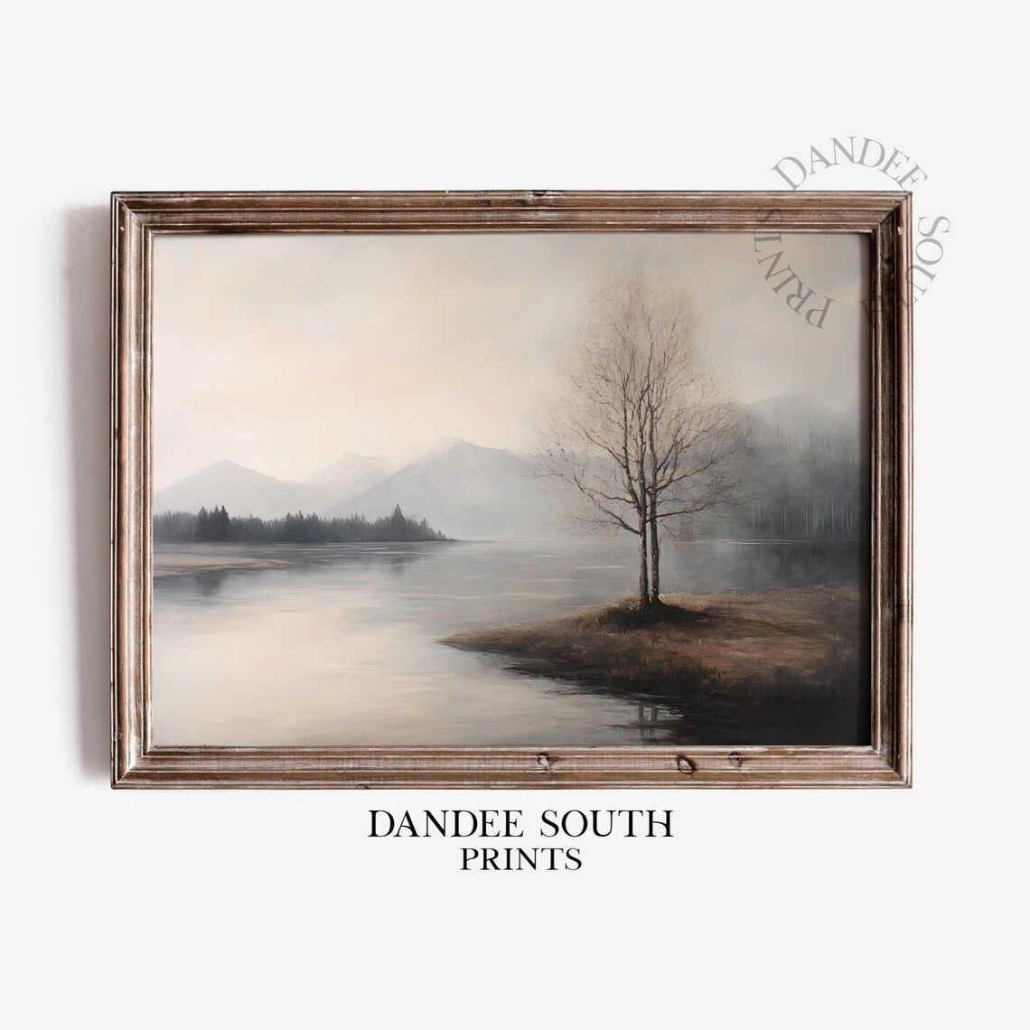 Moody Neutral River Landscape Misty Mountains Vintage Art Print