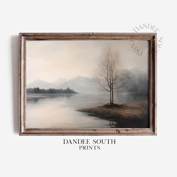 Neutral Landscape Wall Art Rustic Oil Painting Vintage River Moody Decor 297
