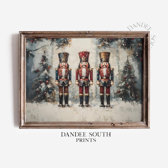 Three Vintage Nutcrackers in Snow Between Christmas Trees Painting Poster