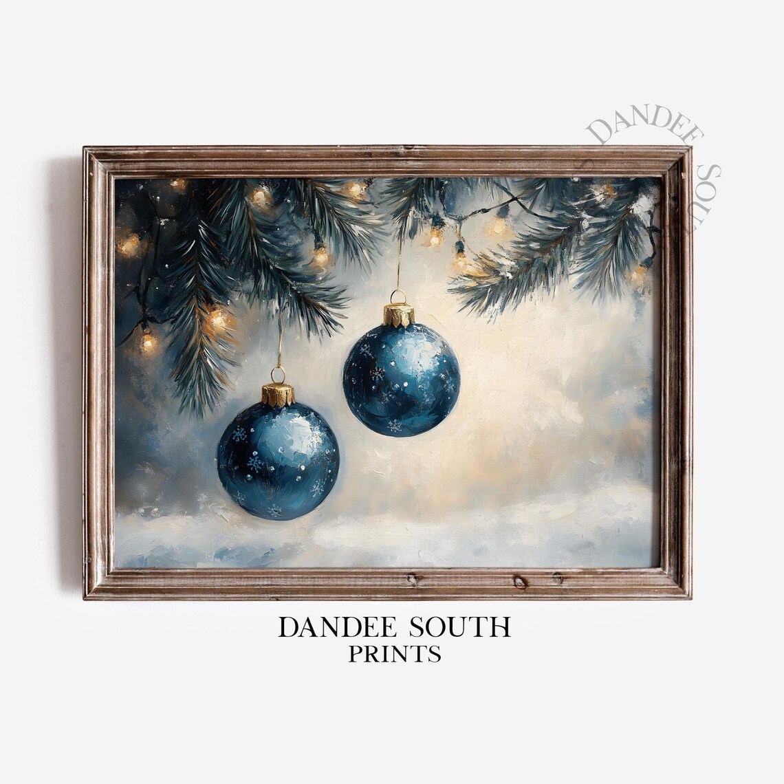 Blue Christmas Ornaments Hanging from Snowy Pine Boughs Painting Poster