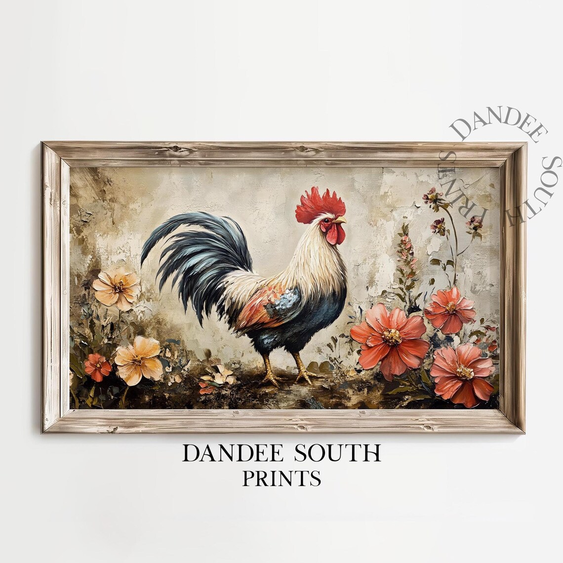 Vintage Rooster With Red Flowers French Country Farmhouse Art Poster