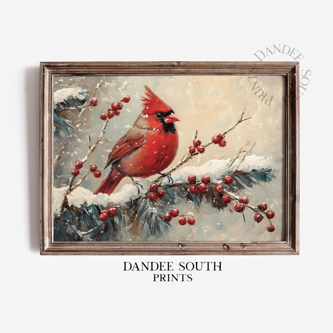 Red Cardinal Snowy Pine Branch Berries Vintage Winter Bird Poster