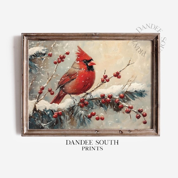 Red Cardinal Snowy Pine Branch Berries Vintage Winter Bird Poster