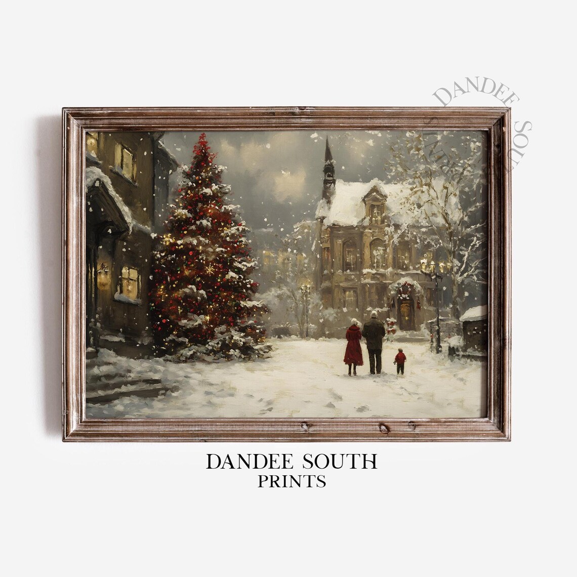 Vintage Christmas Village Art Print, Winter Street Scene