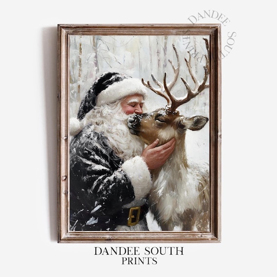 Santa With Reindeer, Rustic Christmas Wall Art Print