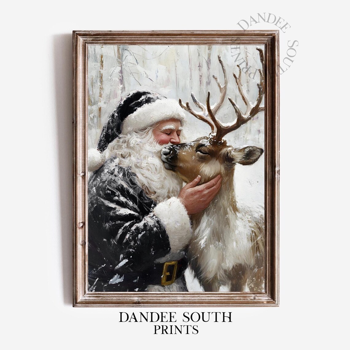 Santa With Reindeer, Rustic Christmas Wall Art Print