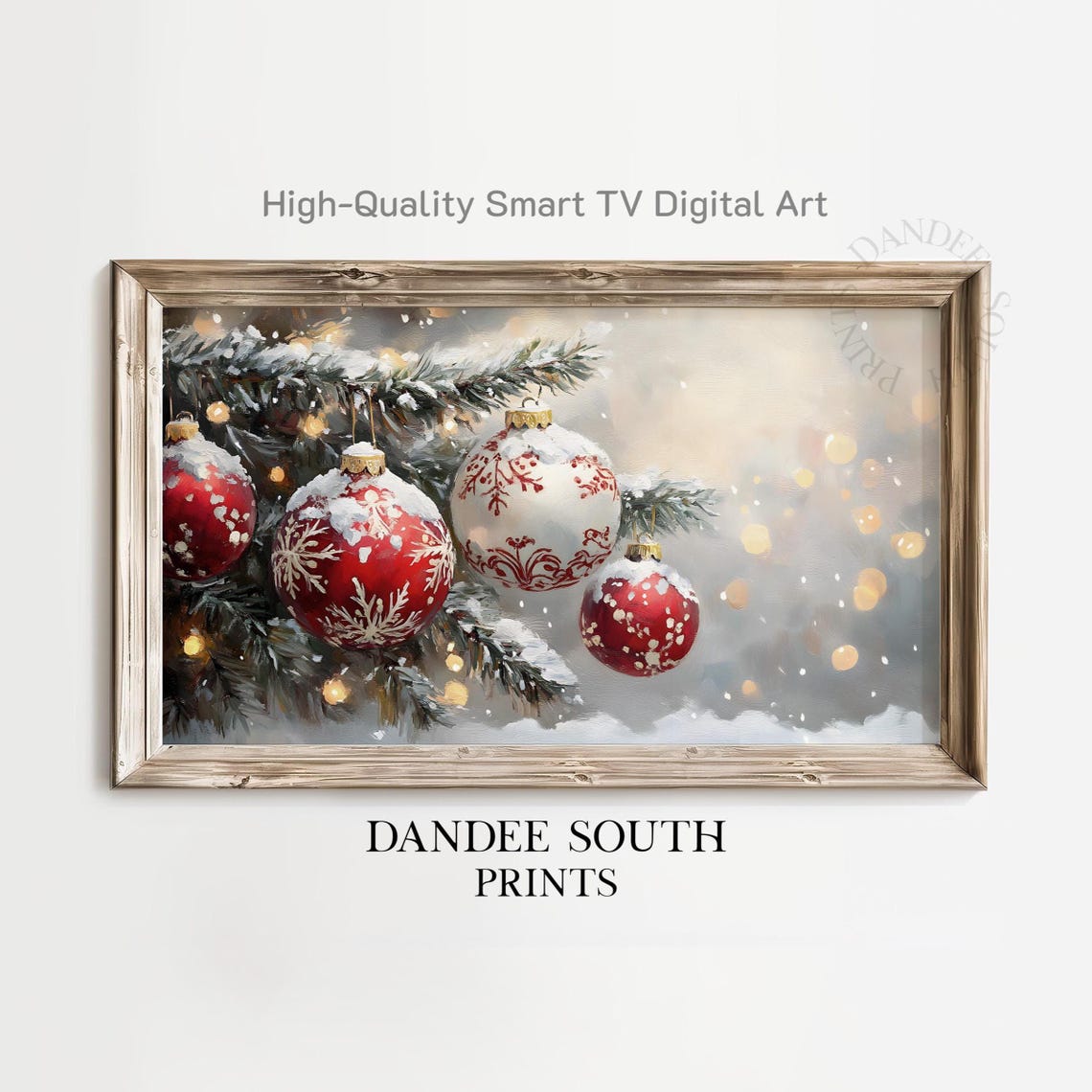 Snowy Red And White Christmas Ornaments On Pine Branches Digital Print