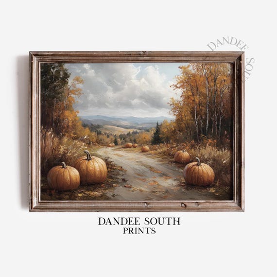Fall Landscape Painting Autumn Wall Art Pumpkins Country Road Scene Farmhouse Decor 543