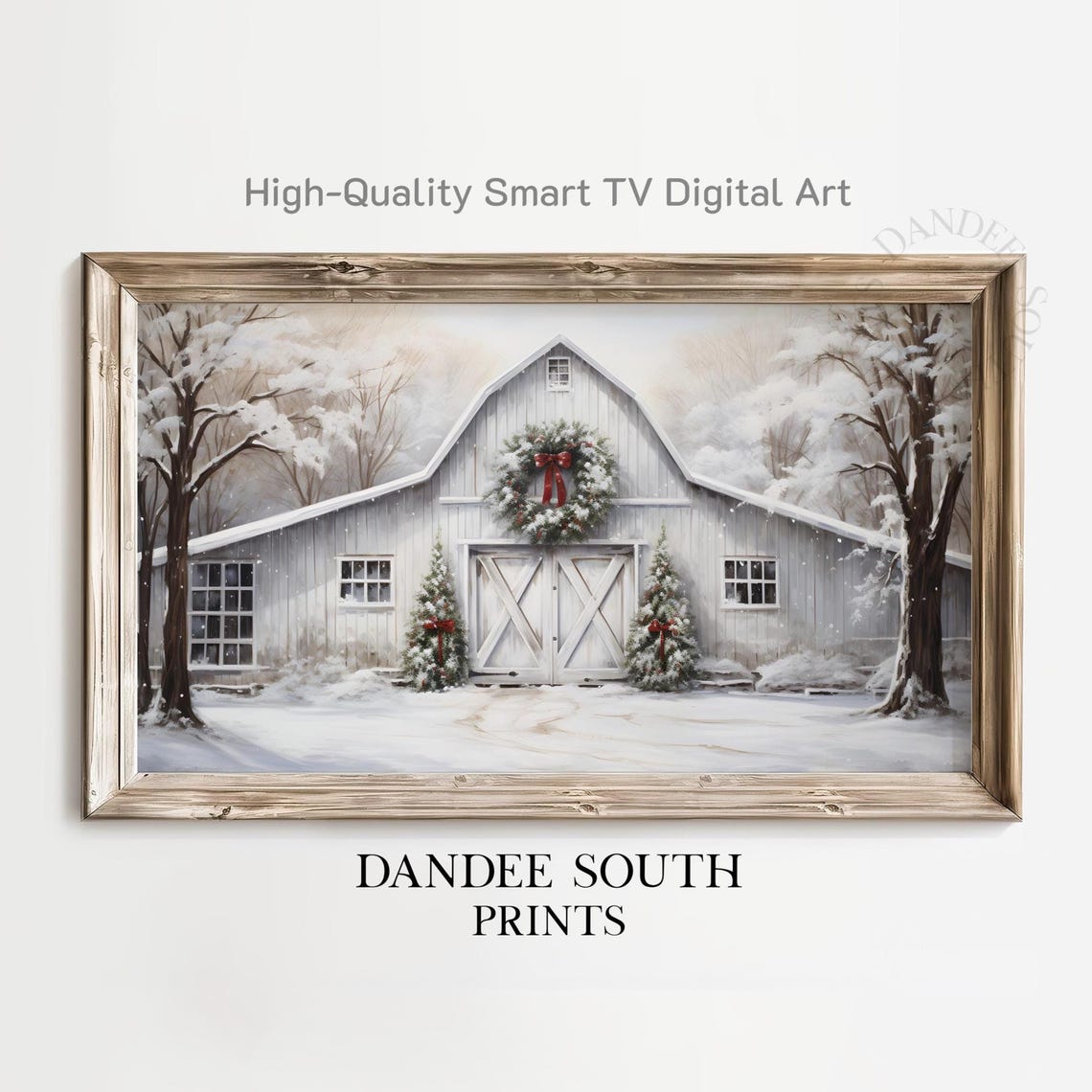 White Christmas Barn Snowy Winter Farm Landscape Holiday Scene Poster