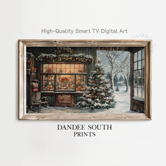 Cozy Christmas Shop Window Snowy Night Digital Art Poster Decor