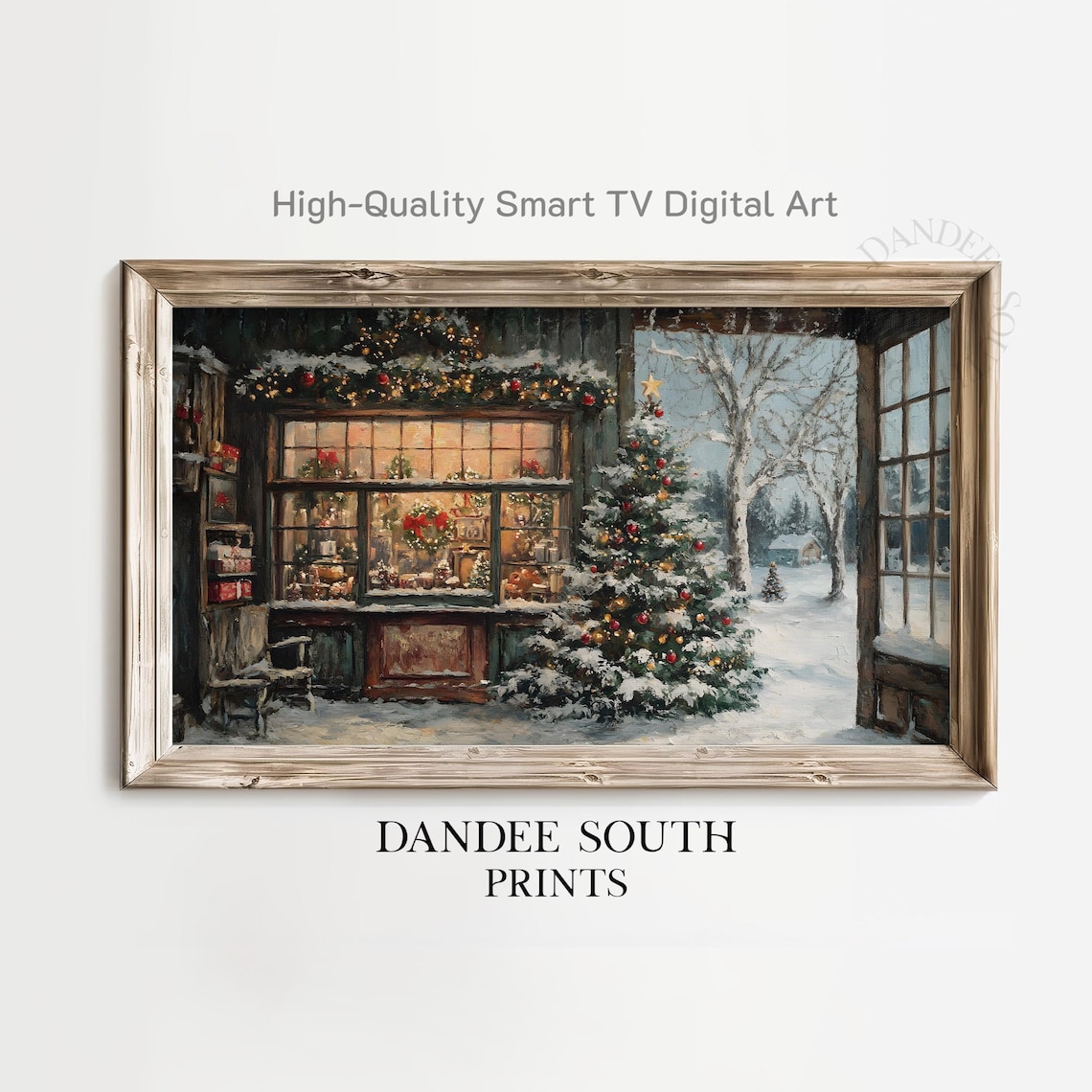 Cozy Christmas Shop Window Snowy Night Digital Art Poster Decor