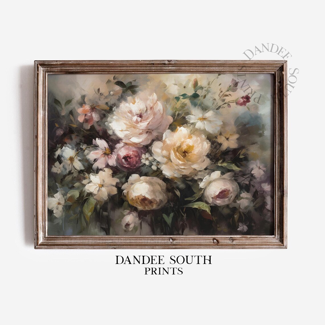 Antique White Rose Peony Bouquet Moody Oil Painting Floral Poster