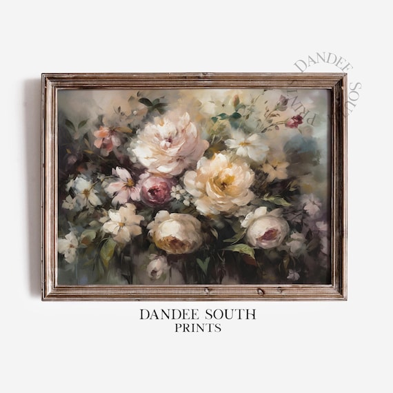 Antique White Rose Peony Bouquet Moody Oil Painting Floral Poster