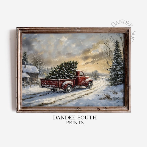 Vintage Red Truck Christmas Snowy Landscape Art Print