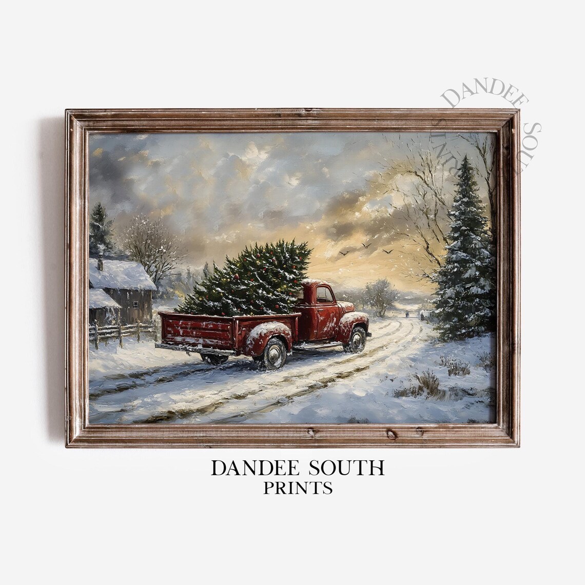 Vintage Red Truck Christmas Snowy Landscape Art Print