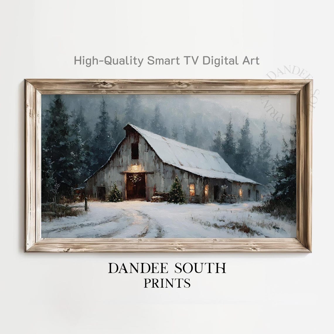Snowy Christmas Barn with Glowing Windows Winter Farmhouse Art Poster