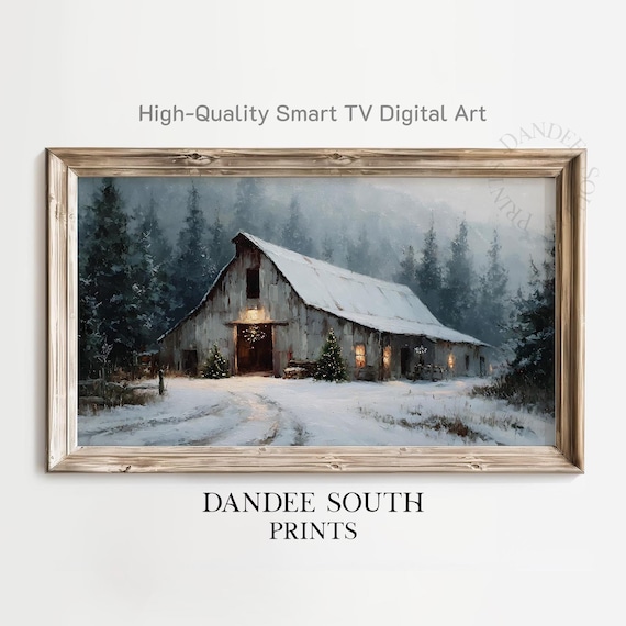 Snowy Christmas Barn with Glowing Windows Winter Farmhouse Art Poster