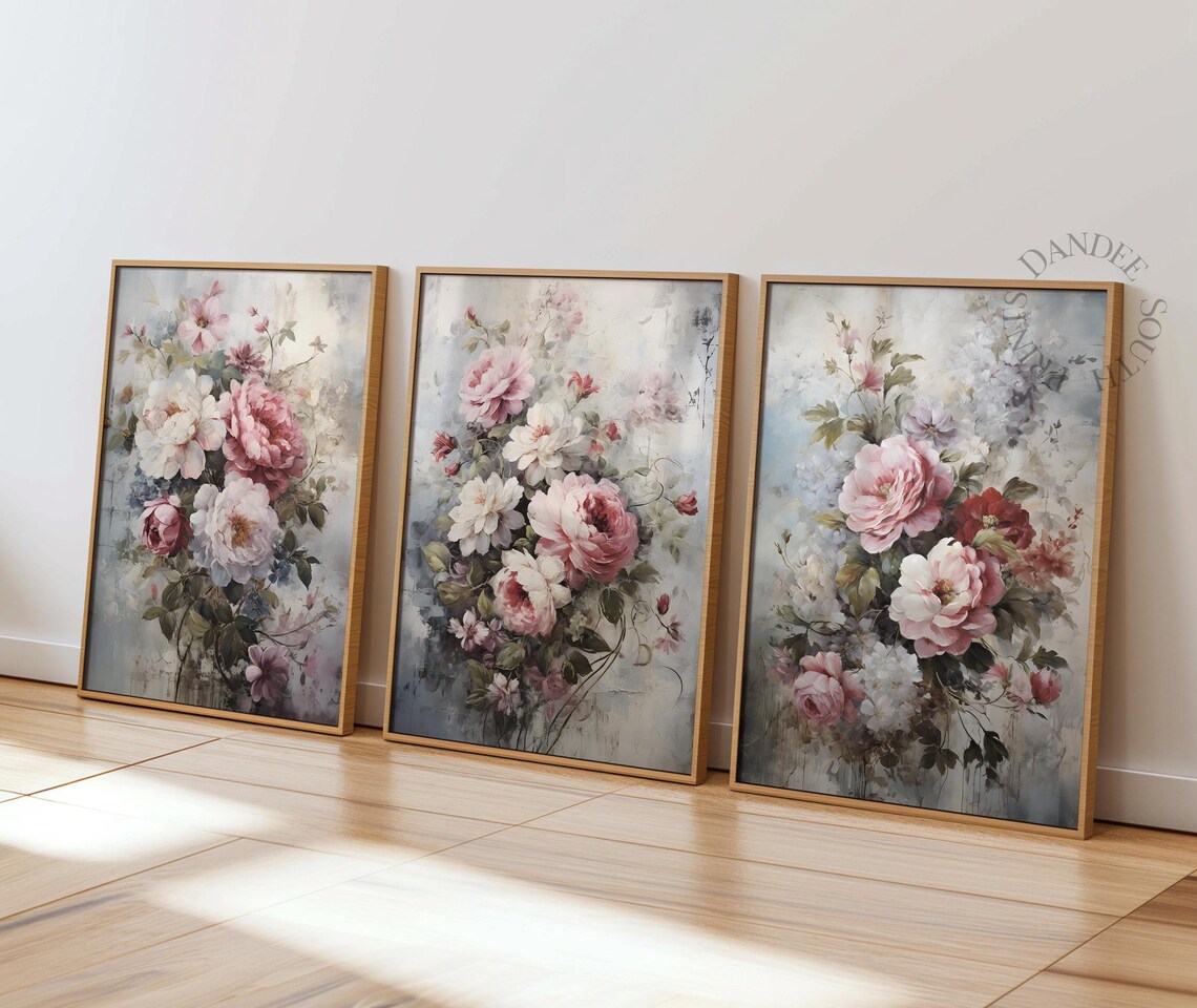 Vintage Flowers Art Print Set of 3, Neutral Botanical