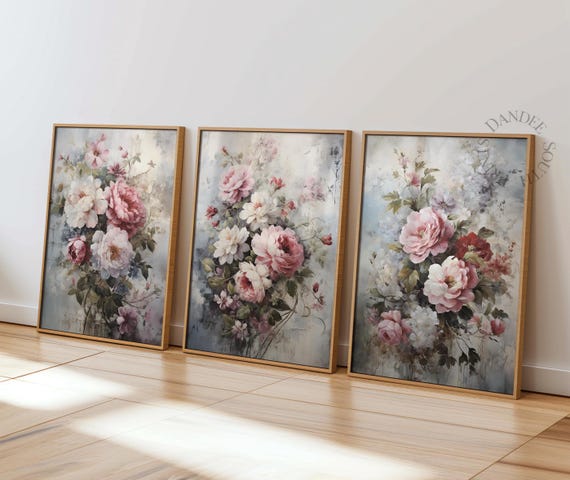Vintage Flowers Art Print Set of 3, Neutral Botanical