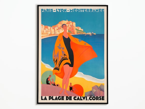 Calvi Corsica Beach Vintage French Travel Poster Paris Lyon Mediterranee